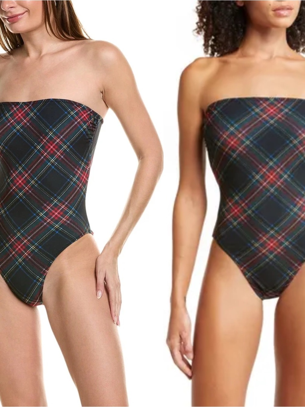 Norma Kamali Bishop Black Tartan Plaid Strapless Swimsuit Bodysuit Small